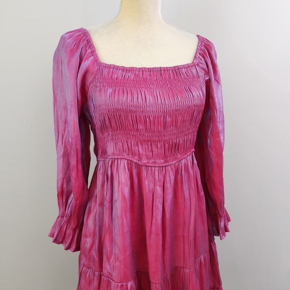 UMGEE Size Large Iridescent Fuchsia Pink Smocked Long Sleeve Tiered Mini Dress - Picture 2 of 7